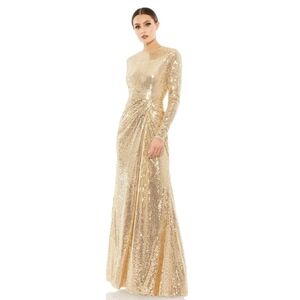 New MAC DUGGAL SEQUINED HIGH NECK LONG SLEEVE DRAPED MAXI GOWN GOLD Size 14